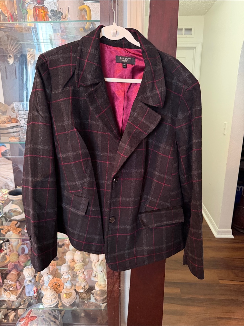 Talbots Black Blazer with Pink Windowpane Plaid